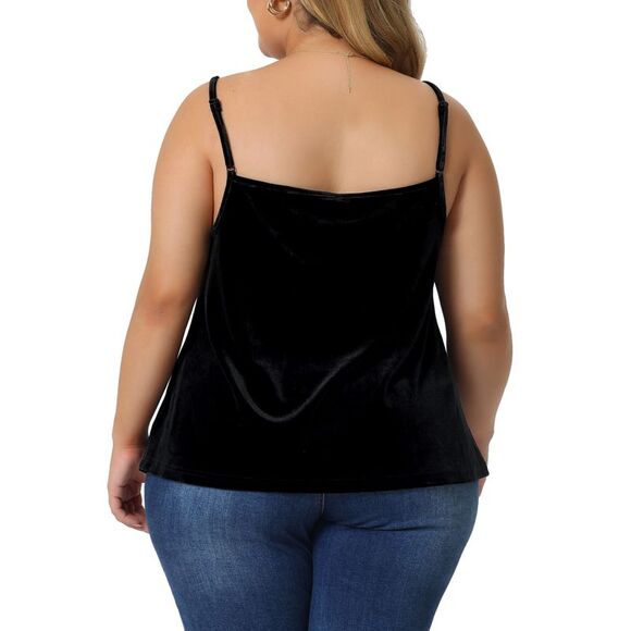 Velvet Camisole Plus Size Adjustable Strap Lace Sleeveless Cami Tank Tops Black - Picture 4 of 6